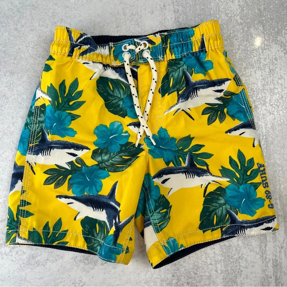 4T🦈🩳💦Boys GAP Boardshorts Swim Bathing Suits Set of 2 Shark Ocean & Floral Print